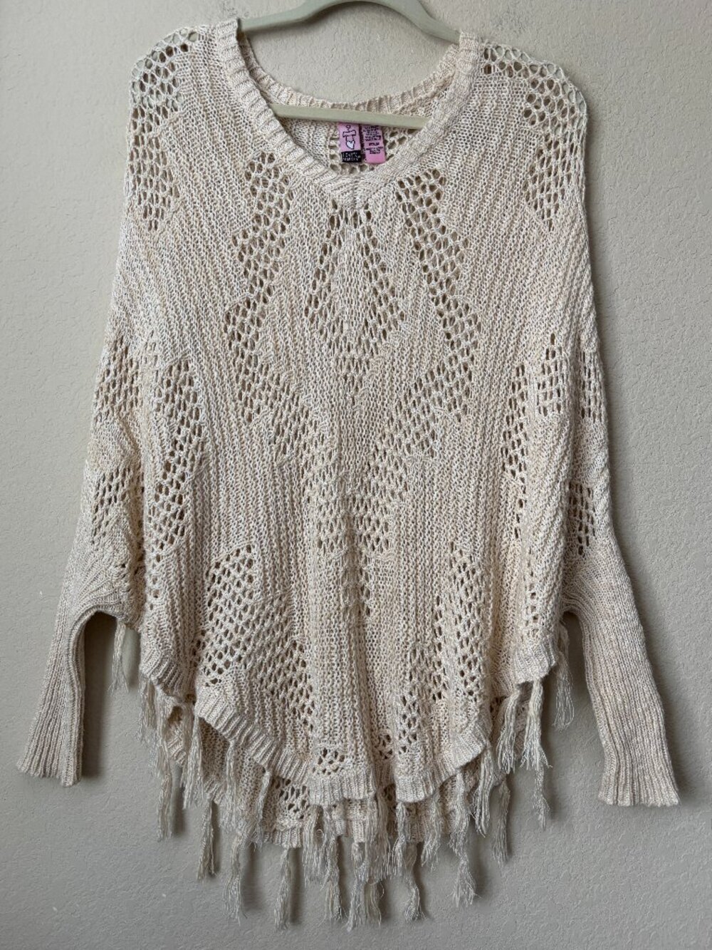 Boho Loose Knit Crochet Fringe Trim Festival Poncho Sweater Top